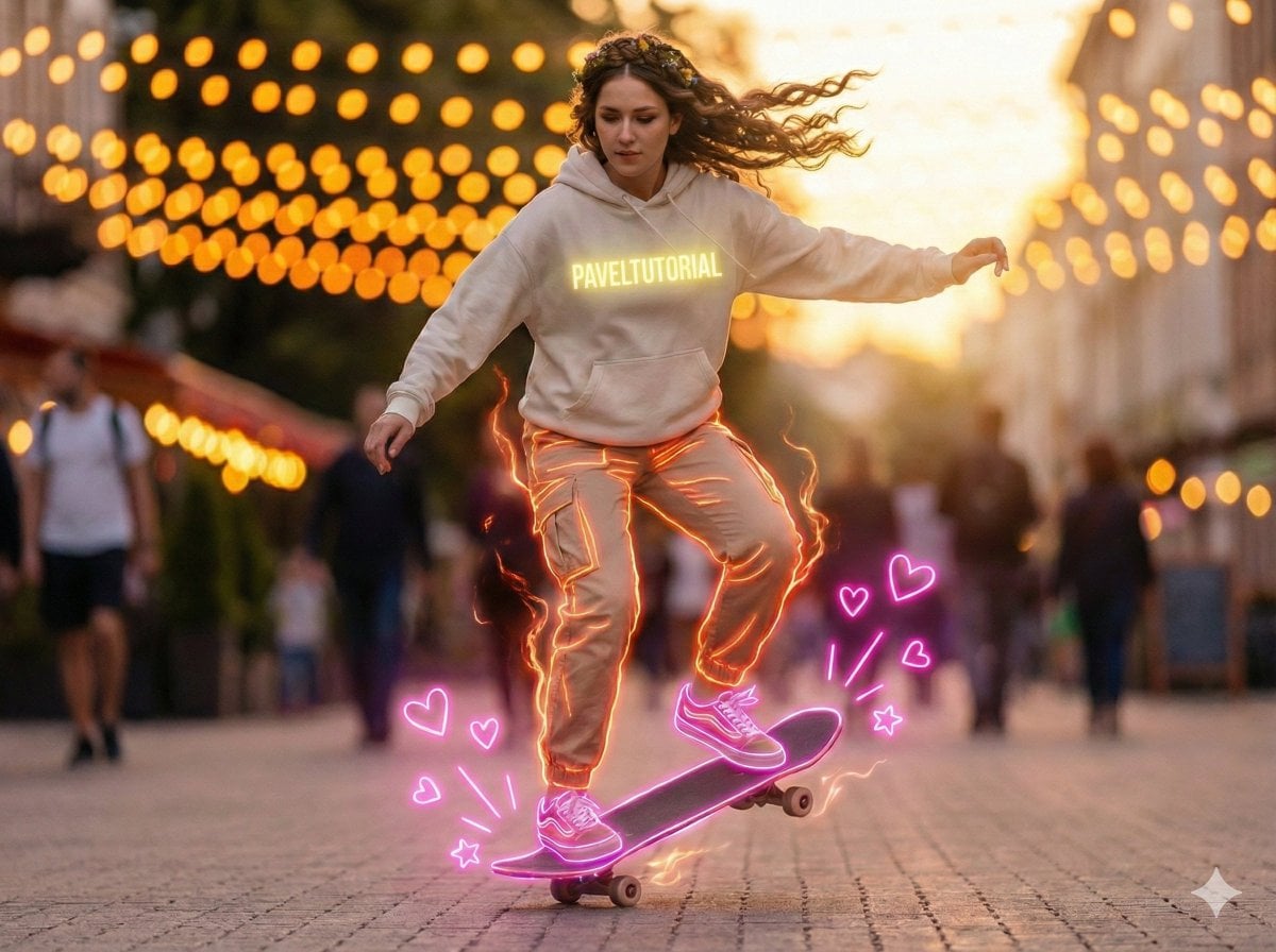 Ein hyperrealistisches Halbtotale, das einen jungen Skateboarder in dynamischer Bewegung auf einer urbanen Straße bei Dämmerung zeigt. Er trägt einen grauen Hoodie mit gelbem Neon-Text, beige Hosen mit orangerotem Neon-Glow sowie neonumrandete hellrosa Sneaker, die zum leuchtenden rosafarbenen Skateboard-Deck passen. Umgeben ist er von rosa Neon-Herzen und Sternenexplosionen, im Hintergrund sind Lichterketten-Bokeh zu sehen