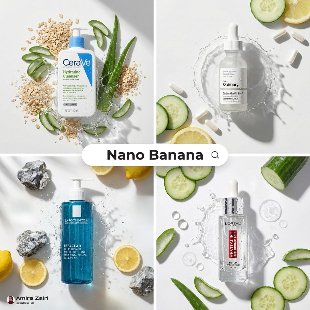 Fotografia en foto plana des de dalt d'un producte de cura facial centrat sobre un fons beige càlid, envoltat de talls d'ingredients frescos i peces senceres amb gotes d'gua, il·luminació natural suau i ombres realistes