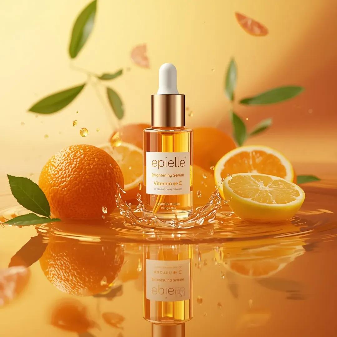 Klare Glas-Tropfflasche mit goldenem Vitamin-C-Serum auf reflektierender orangefarbener Oberfläche, umgeben von frischen Zitrusfrüchten wie Orangen, Grapefruit und Zitrone mit grünen Blättern und Serumtröpfchen, Studio-Produktfotografie