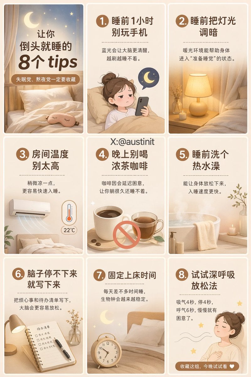 부드러운 크림과 베이지 톤의 세로 9단 소셜 미디어 포스터로, 베개, 달, 별, 취침 관련 요소의 미니멀리스트 일러스트가 담긴 8개의 수면 요법 팁 카드가 포함되어 있습니다. 각 그리드에는 수면 웰니스 실천에 관한 중앙 정렬 중국어 텍스트가 들어가 있습니다