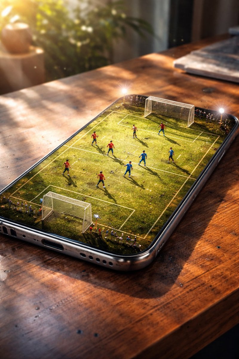 Een smartphone die rust op een houten tafel met een scherm dat een miniatuurvoetbalstadion toont. Miniature voetbalspelers in dynamische actiehoudingen op een gebruikt groen veld met zichtbare grastextuur en slijtagepatronen. Realistische detls zijn vingerafdrukken, lichte krasjes en zachte daglichtverlichting met lensflares