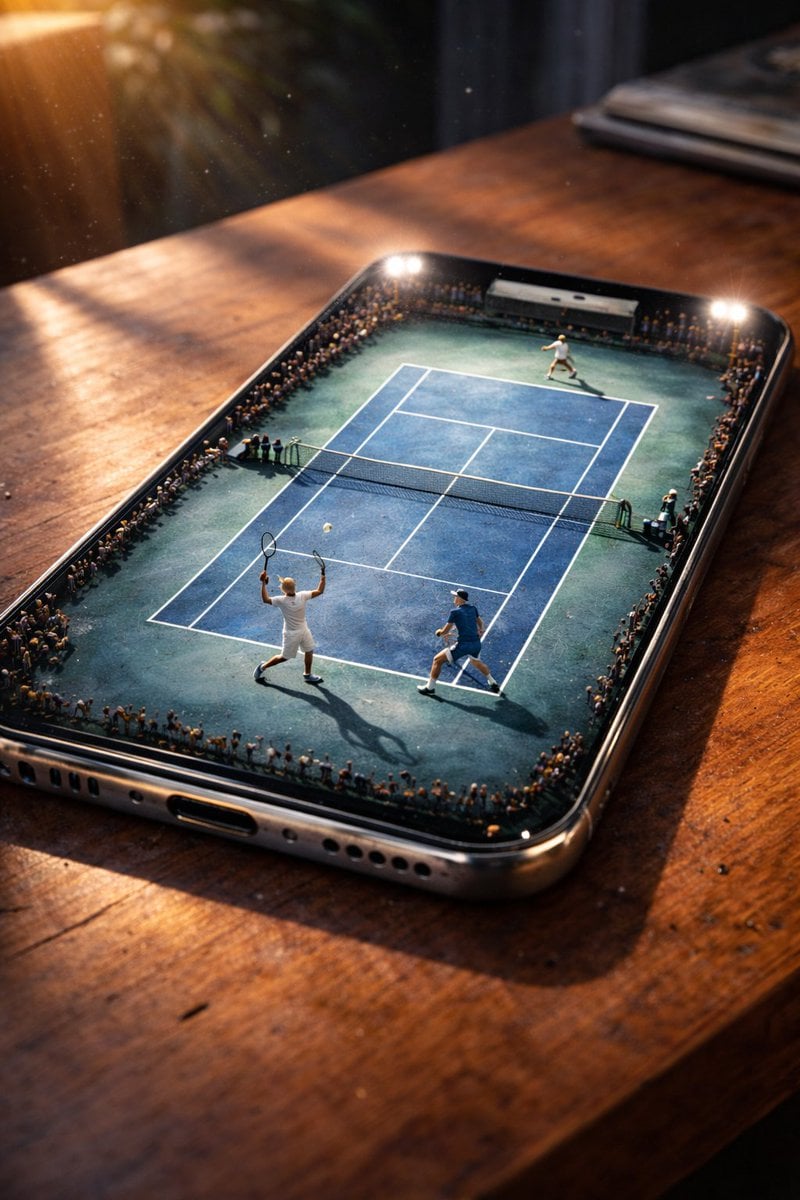 Gambar sinematik jarak dekat telefon pintar yang terletak di atas meja kayu, skrinnya memaparkan gelanggang tenis mini dengan pemn kecil dalam aksi. Permukaan gelanggang keras biru menunjukkan tanda kapur dan calar, diterangi oleh pencahayaan sisi gaya stadium dramatik yang menghasilkan sorotan kuat dan bayang-bayang. Permukaan kaca telefon memantulkan lampu limpah, dan zarah habuk terapung menambah kedalaman atmosfera. Latar belakang dikaburkan dengan lembut menggunakan kedalaman medan yang cetek