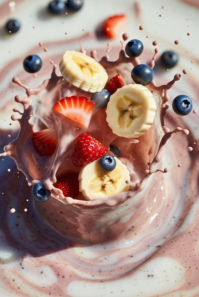 Smoothie-Explosion Banane Erdbeere Blaubeere Chia KI-generiertes Bild