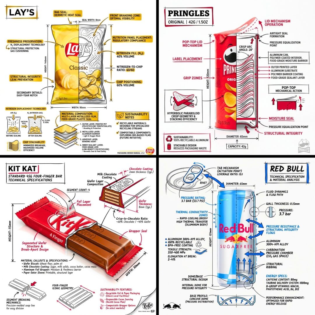 Infografia tècnica d'un producte d'aperitiu sobre fons blanc amb anotacions de dibuix de línia negra, diagrama de secció transversal, mesures i ressaltats de color d'accent que mostren l'estructura interna i les especificacions