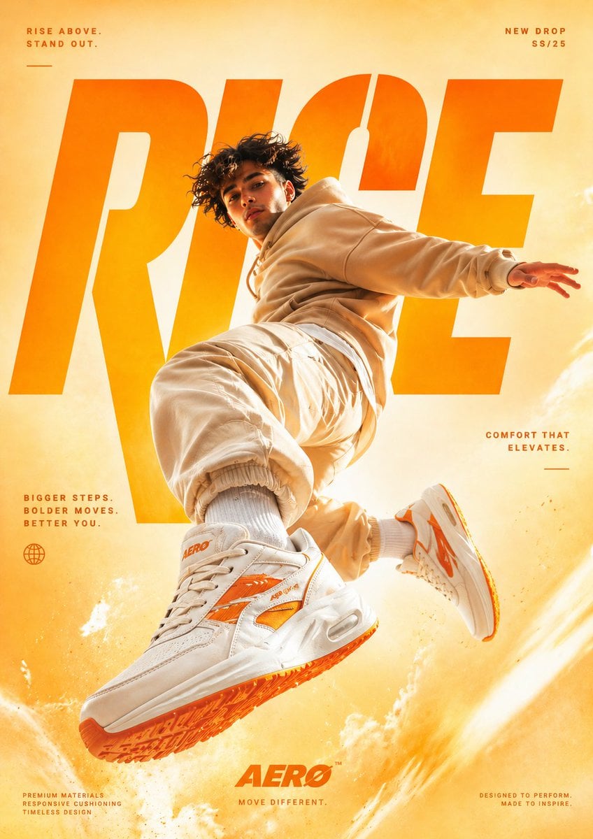 Sneaker-Werbeposter Dynamischer Sprung Studio, KI-generiertes Bild