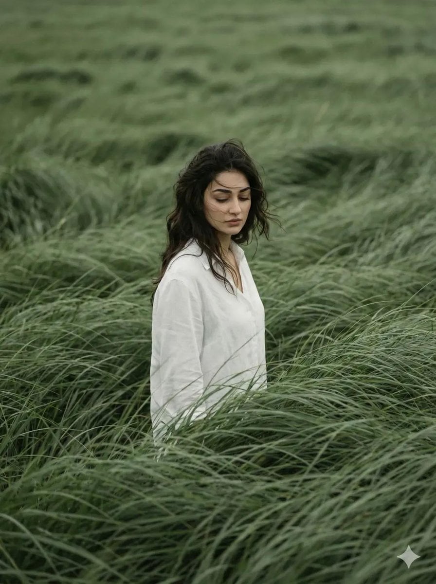 Et lodret filmisk portræt af en ensom person, der står i højt vindblæst græs, iført hvid skjorte, hovedet bøjet nedad i introspektion, dæmpet grønt farvepalet, filmfotografisk æstetik med synlig korn og atmosfærisk belysning