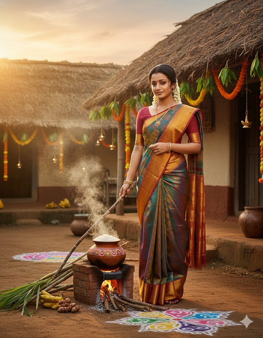 Sørindisk kvinne på Thpongal-festival i landsbygård – -generert bilde