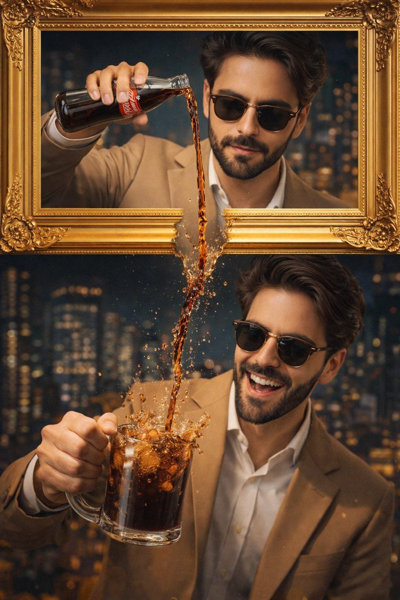 Split Man Pouring Cola Gold Frames Night City