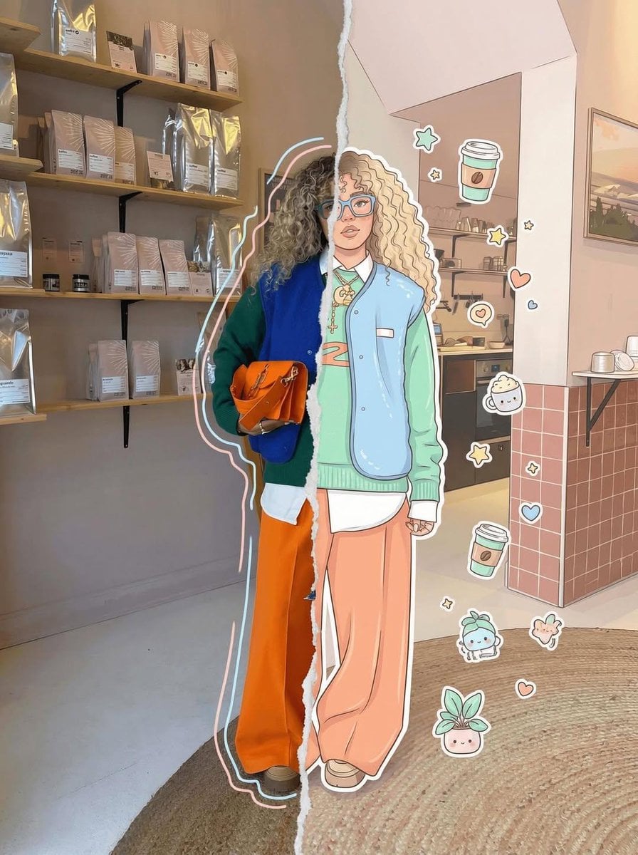 Diptyque de portrt en style divisé vertical montrant un sujet séparé en une photo réaliste à gauche avec des contours de gribouillages et une illustration stylisée à droite avec des couleurs pastel et des éléments décoratifs, séparé par une transition style papier déchiré