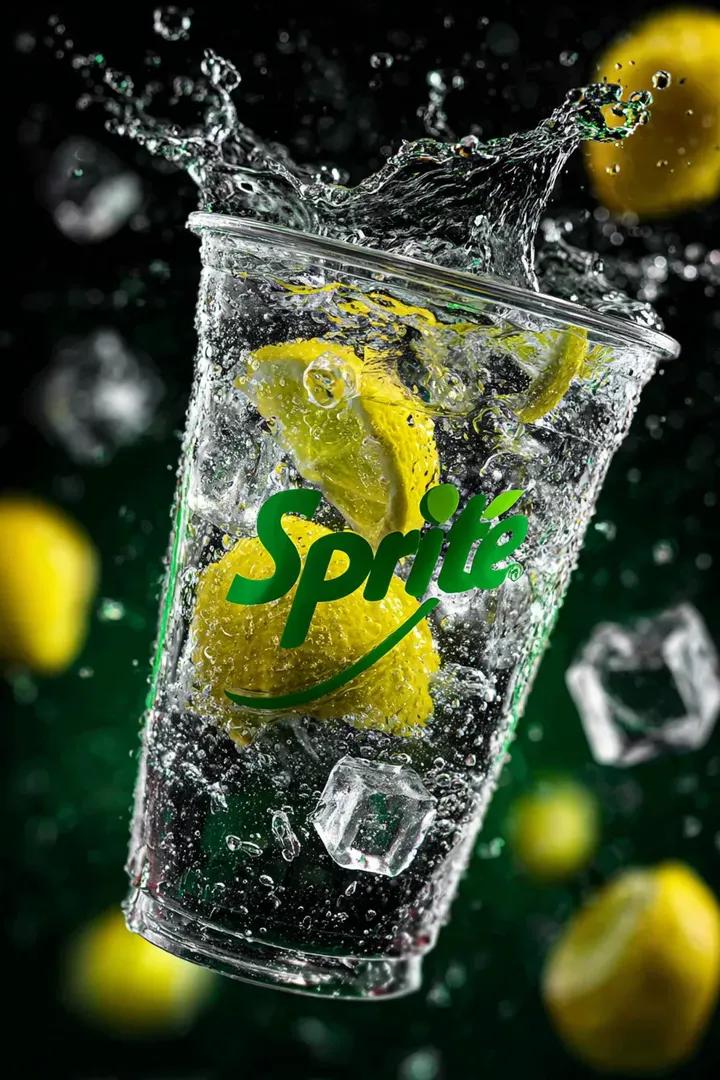 Imatge generada per IA del Got de soda de llimó Sprite flotant en estudi