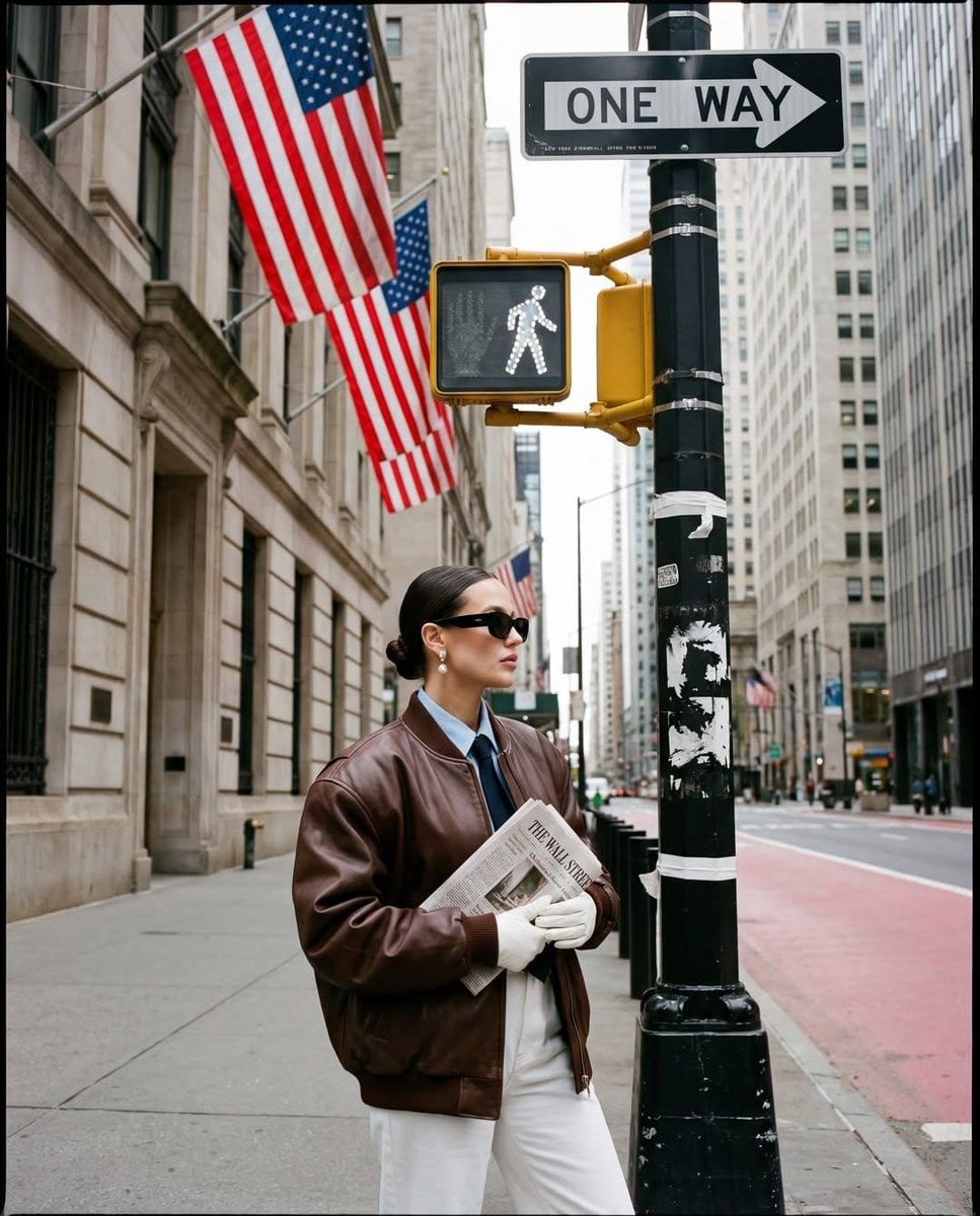 Fotografia d'editorial de moda de carrer d'una dona amb jaqueta bomber de pell marró, camisa de coll blau, ulleres de sol negres, arracades de perla i guants blancs agafant un diari de Wall Street a una cantonada de carrer a Nova York, amb banderes americanes i edificis urbans
