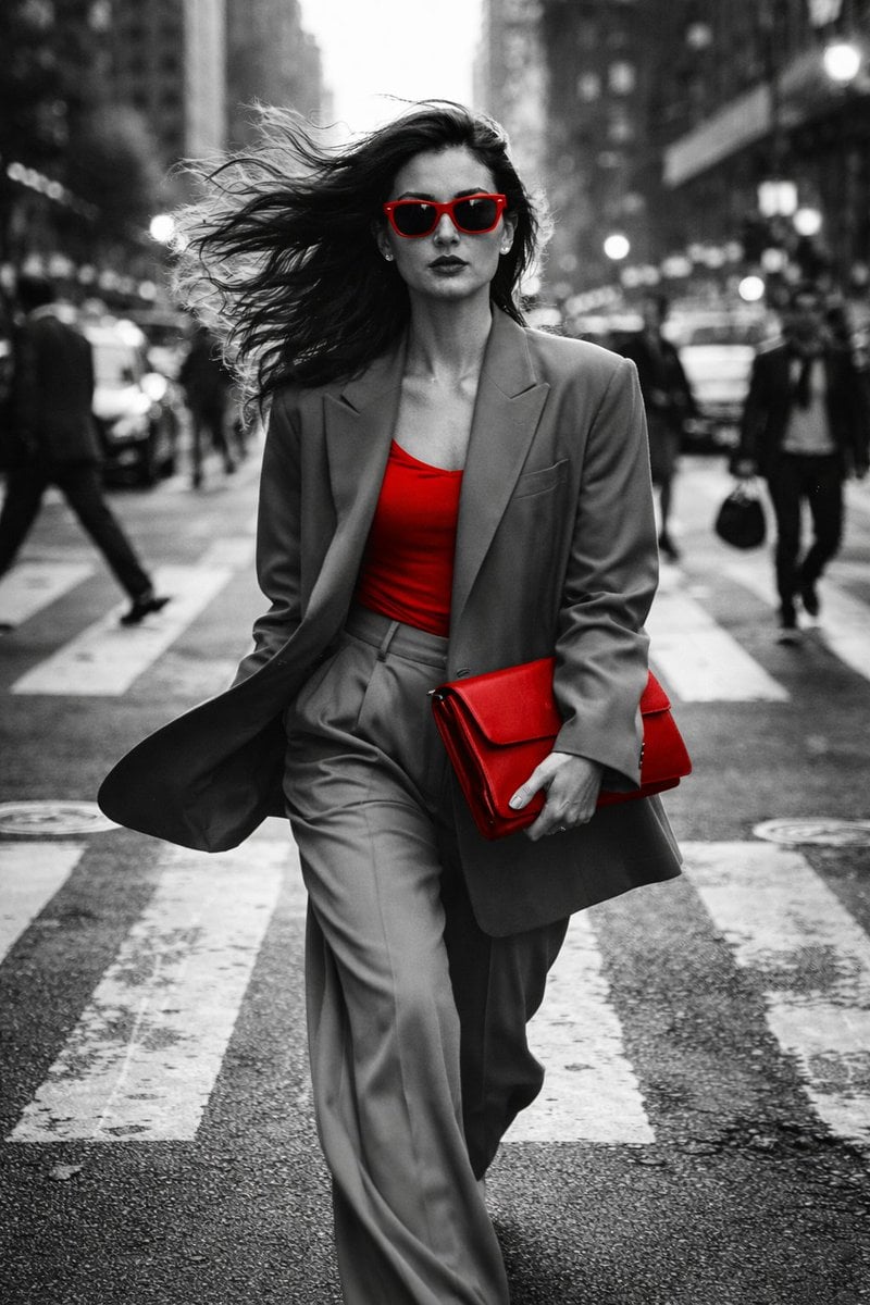 Immagine generata da di Donna in Moda di Strada all'Attraversamento Pedonale Nero, Bianco e Rosso