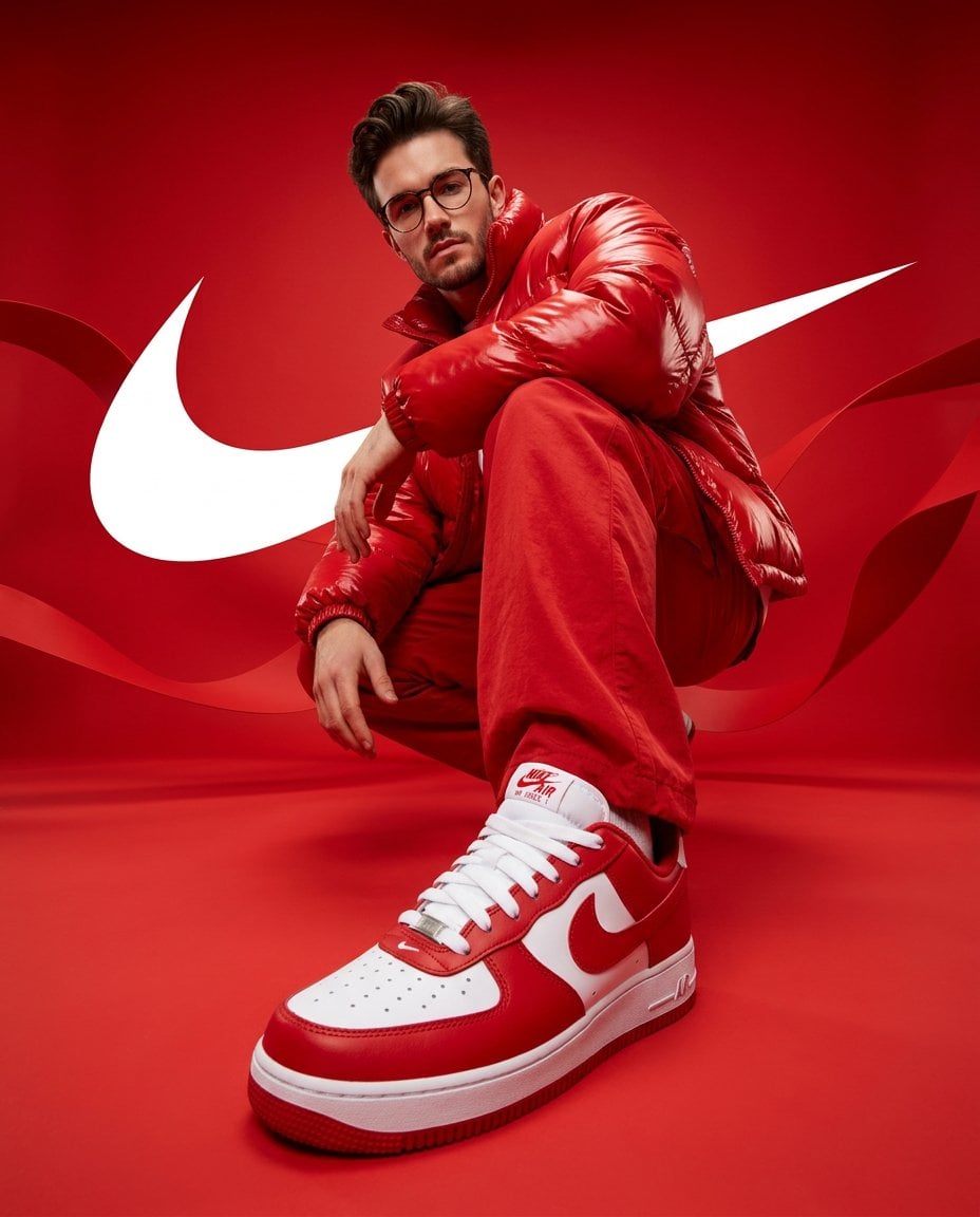 Imatge generada per IA de la campanya de streetwear per a home amb jaqueta acolchada vermella, sneakers Nike vermelles i estudi