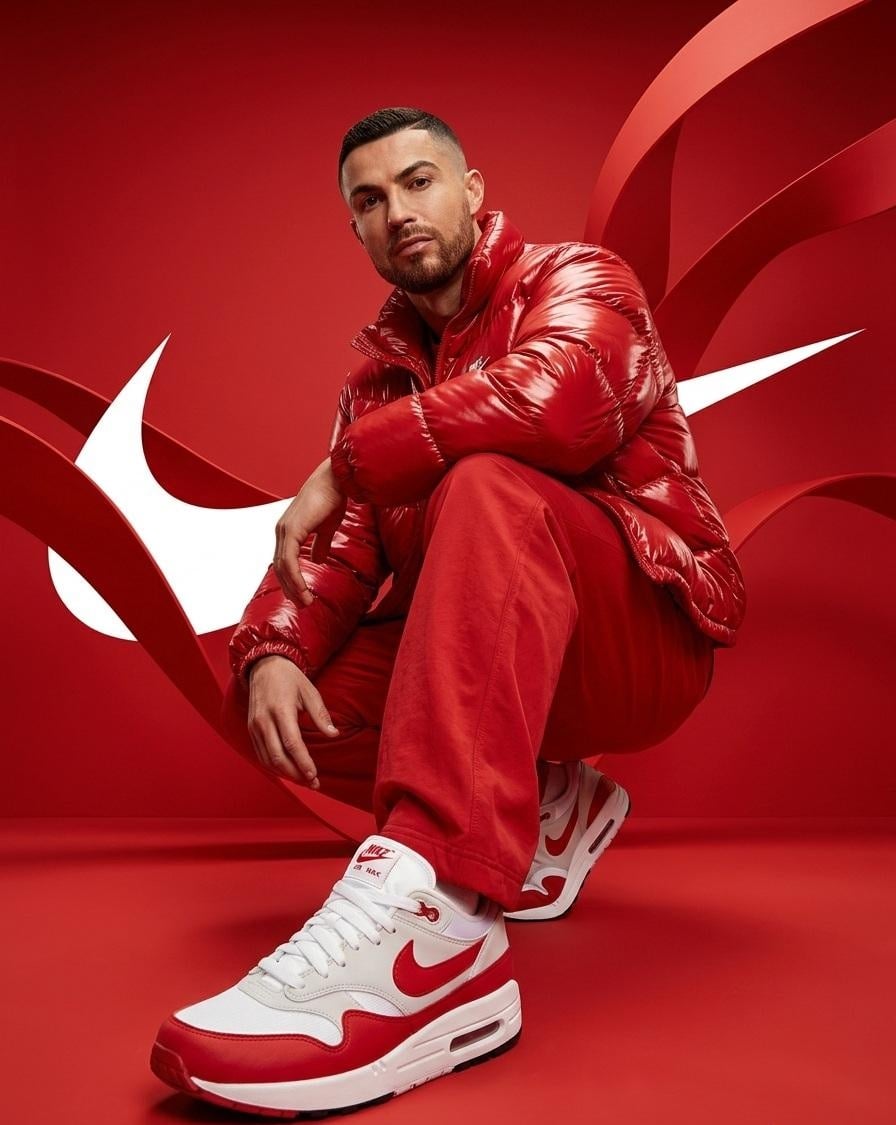 Model masculí acotxat en un estudi vermell que porta una jaqueta acolchada vermella llustrosa i pantalons vermells amples amb sabatilles Nike blanques i vermelles, fotografiat des d'un angle ultra bx amb la sabatilla frontal dominant el primer pla, grans logotips de la marca Nike en blanc visibles al fons vermell, il·luminació d'estudi dramàtica que crea llums forts sobre el teixit llustrós