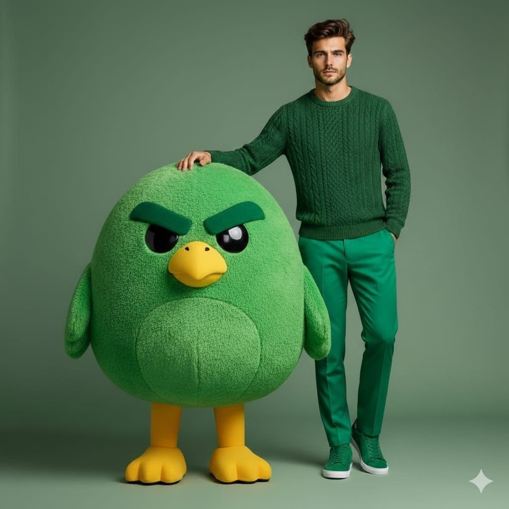 -genererad bild av studiofashionporträtt av manlig modell med grön fågelmaskot