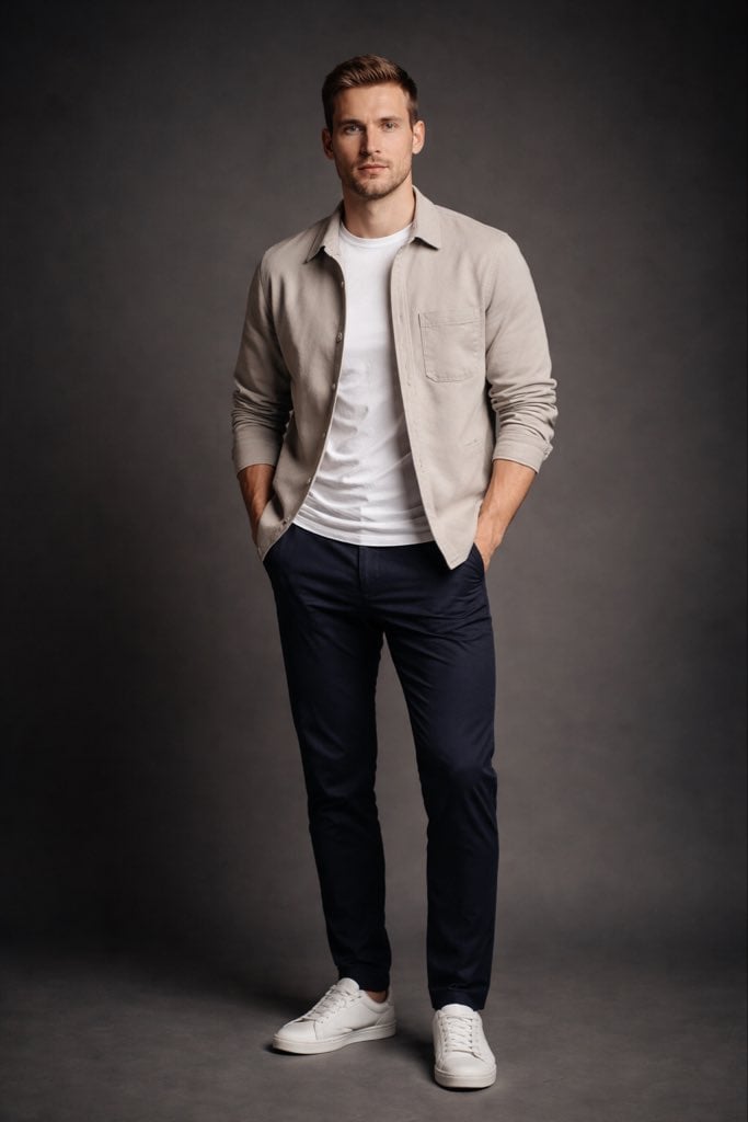 KI-generiertes Bild: Studio-Porträt eines britischen Mannes im Editorial-Fashion-Stil
