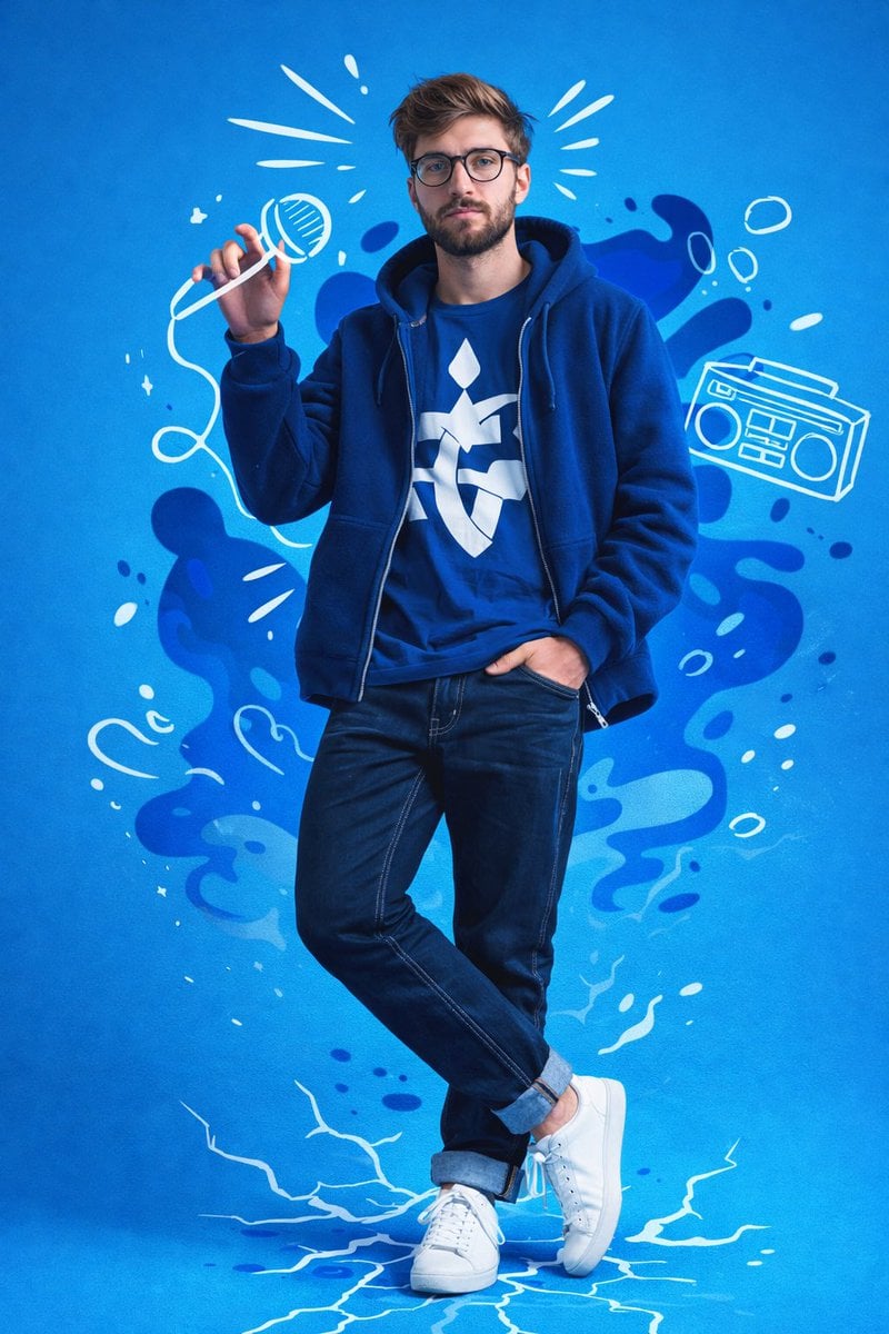 Täispikkuses stuudioportree noorest mehest prillide ja trimmitud habemega, sinises streetwear'is helesinisel taustal, valgete doodli ülekattetega, sealhulgas boombox, mikrofon ja helilne graafika street-art stiilis