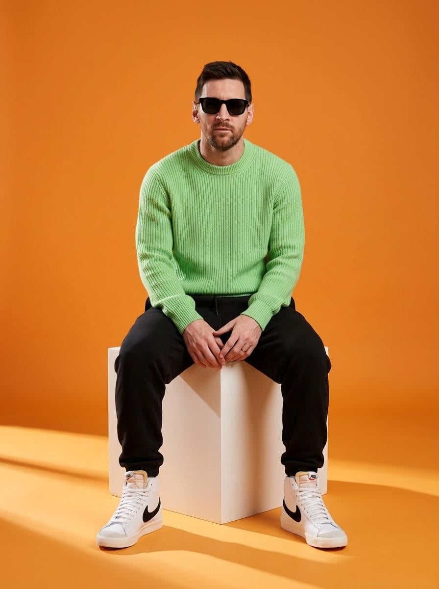 KI-generiertes Bild eines stylischen männlichen Models im minimalistischen Studio vor orangefarbenem Hintergrund