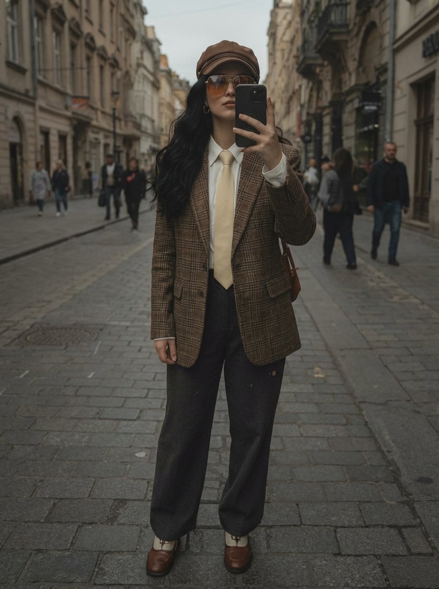 Stylish Woman Mirror Selfie European Cobblestone Street