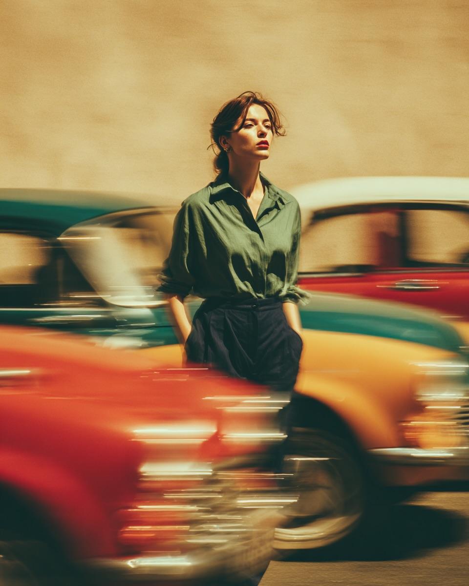 Imagem gerada por IA de mulher estilosa na rua com carros clássicos e efeito de movimento borrado