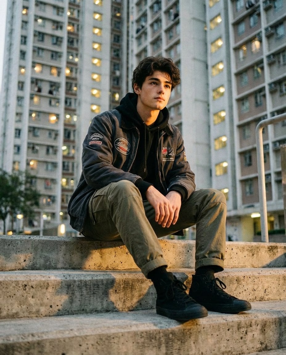 Stylischer junger Mann Streetwear urbane Goldene Stunde KI-generiertes Bild