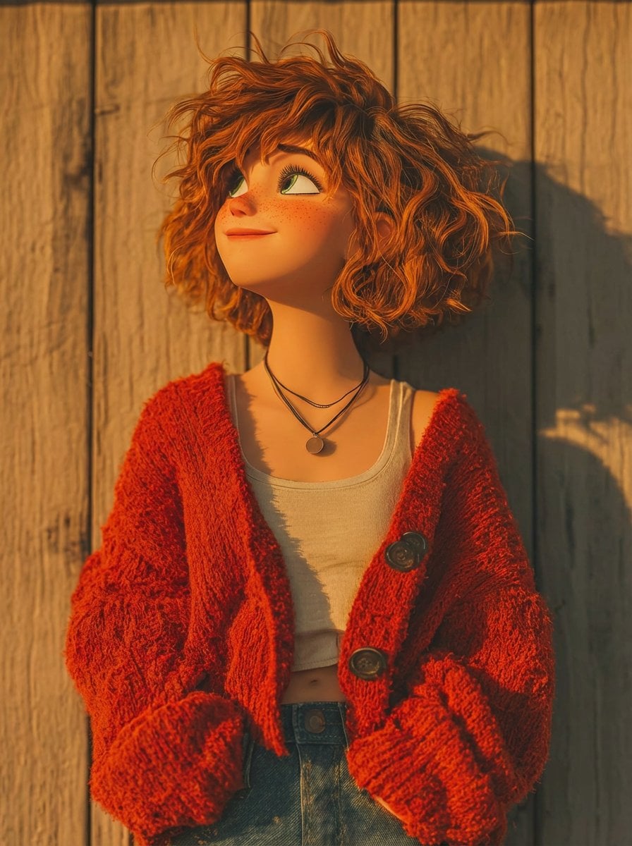 Imagine Fetiță 3D Animată Stilizată lângă Perete de Lemn Rustic