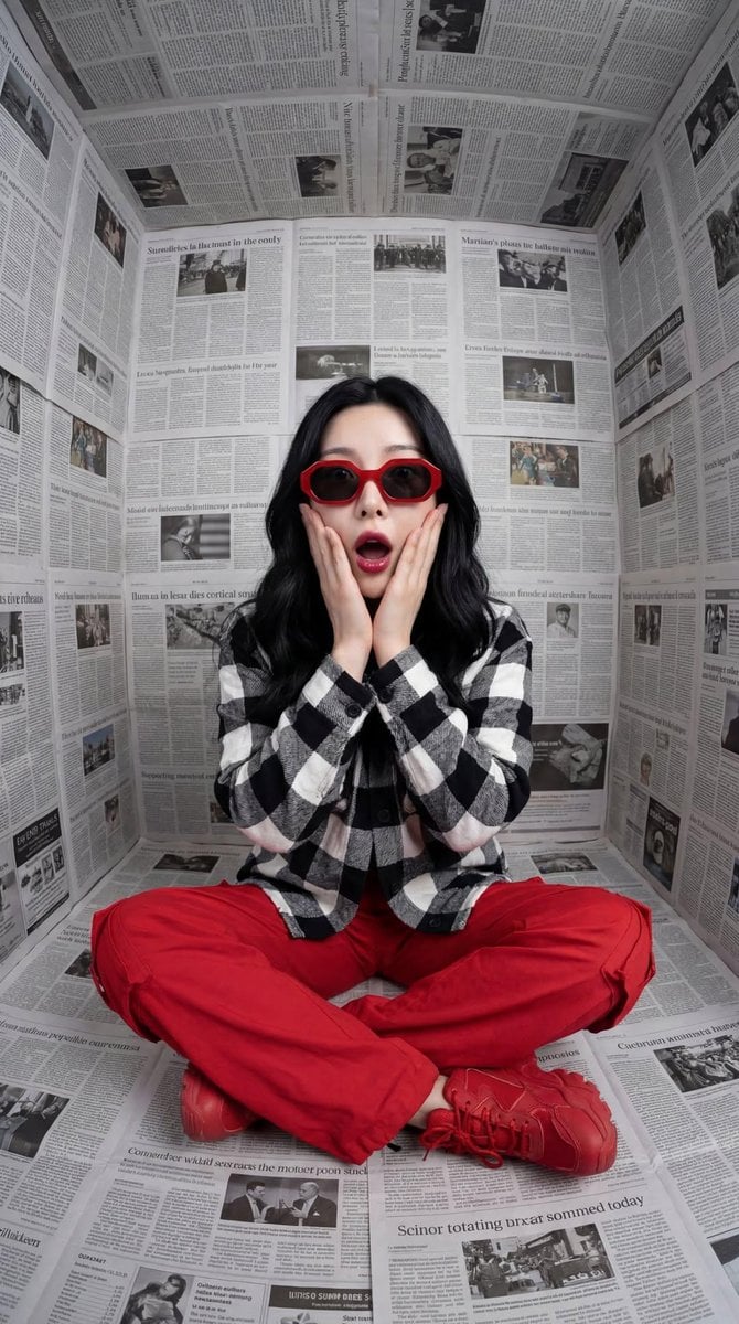 Stylized Fashion Portrait Newspaper Room Red Contrast