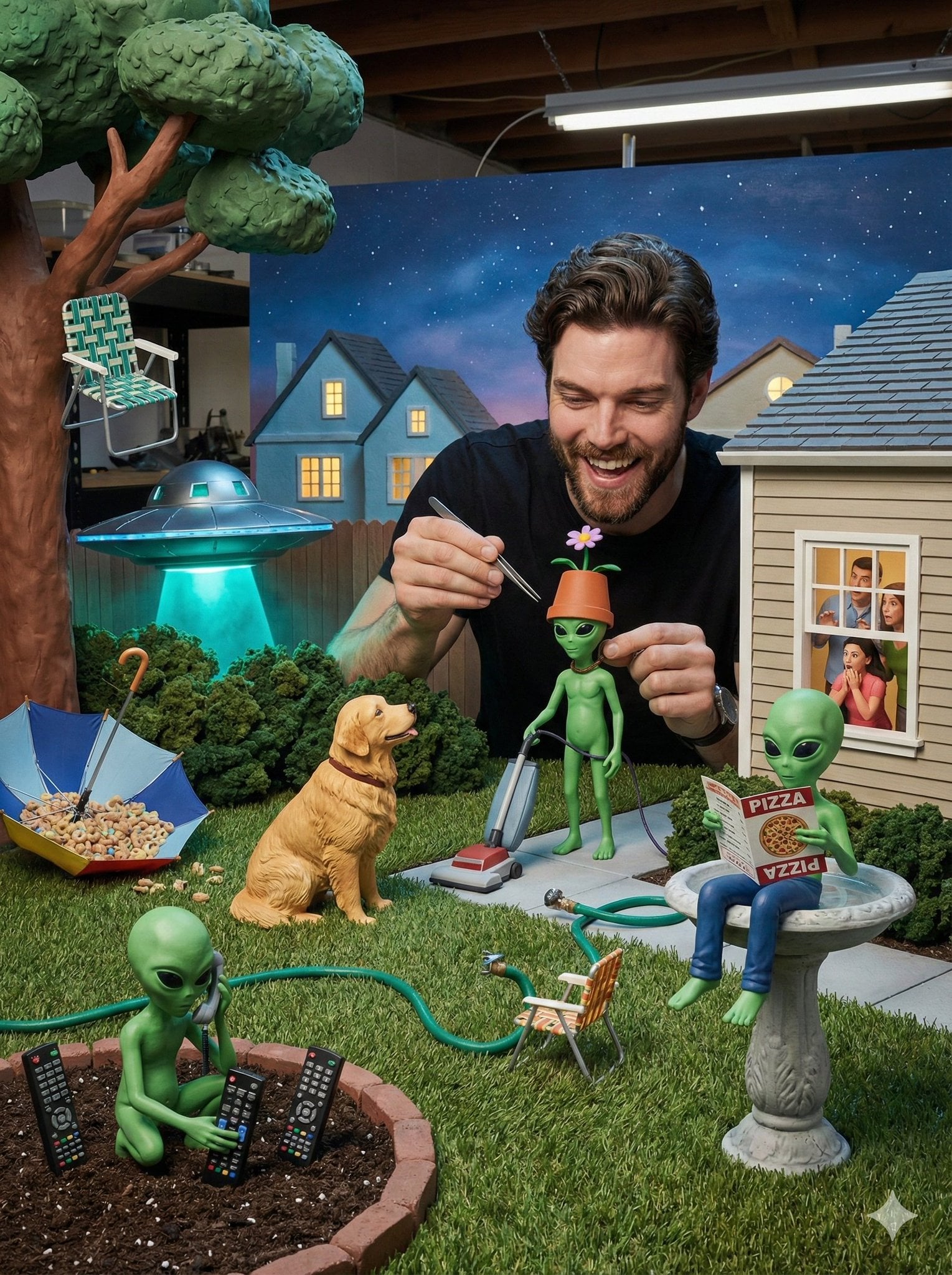 Romvesendiorama i forstadshage, -generert bilde