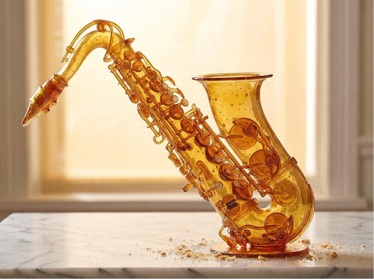 Eine durchscheinende, gezogene und geblasene Bernsteinzucker-Skulptur, die ein funktionales Industriedesign-Objekt bildet, mit gezogenen Bändern, geblasenen Blasen mit inneren Lufteinschlüssen und mit Karamell verbundenen Gussteilen, auf Marmoroberfläche mit warmer honigglühender Innenbeleuchtung