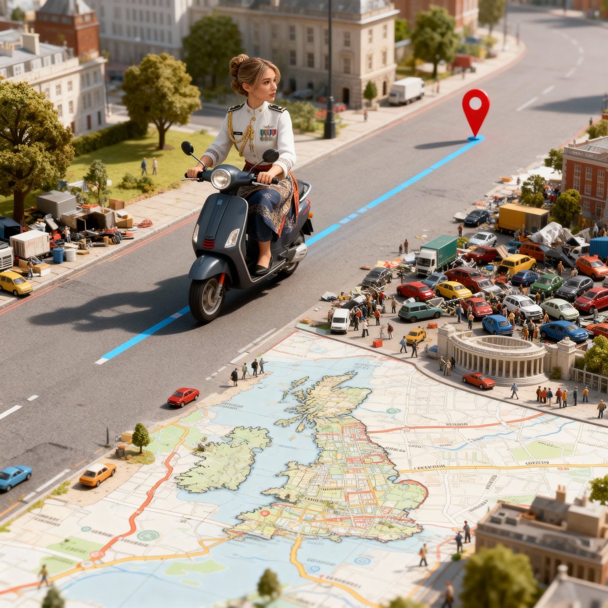 Fotorealistična žena u odjeći zapadnog stila vozi skuter izravno na plavoj GPS navigacijskoj rutnoj liniji iznad stilizirane 3D karte Londona, kreće se prema crvenoj oznaci odredišta s minijaturnim urbanim detaljima vidljivim ispod, prirodno dnevno svjetlo s kinematskim senkama