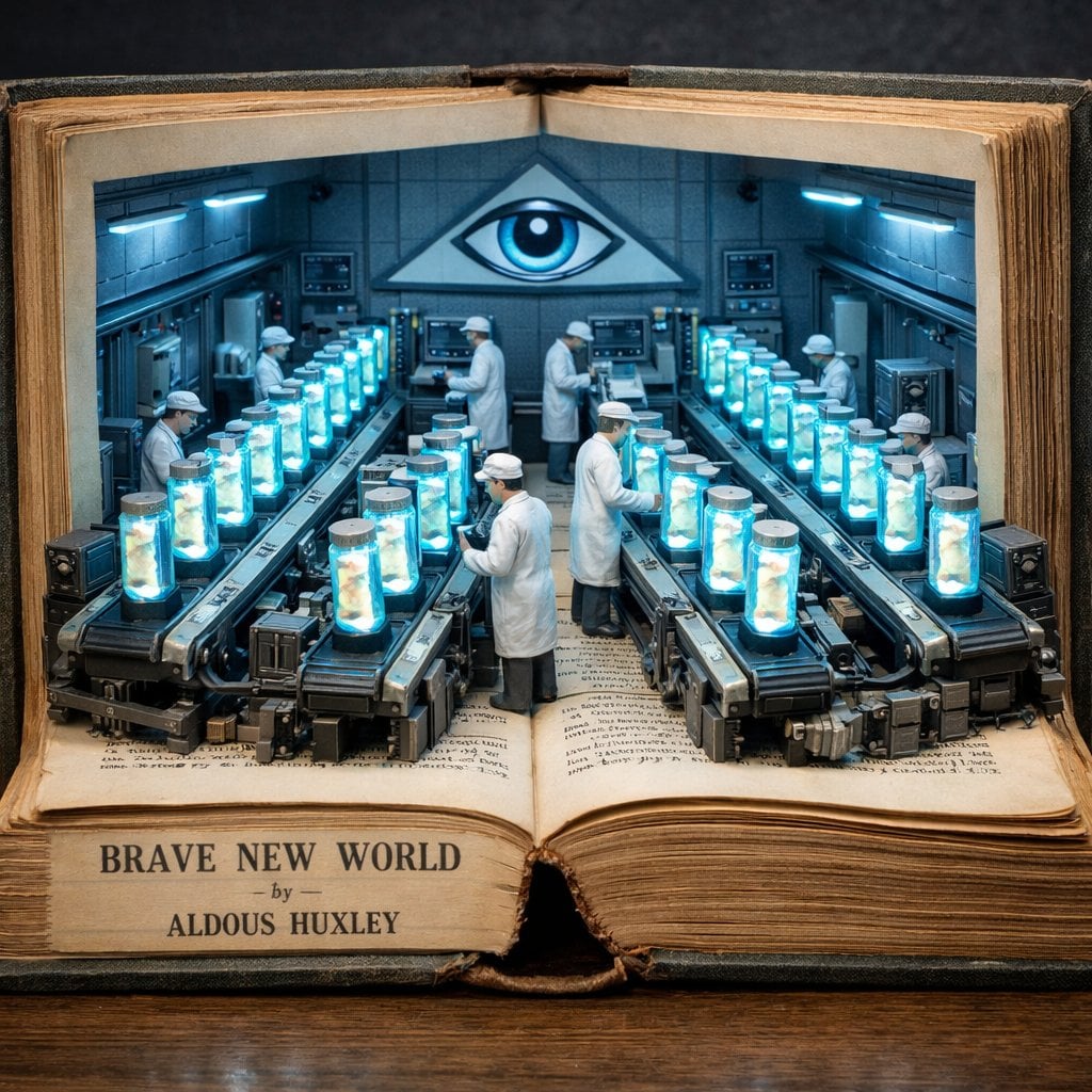 Surrealistyczna diorama z książki Nowy Wspaniały Świat, obraz wygenerowany przez