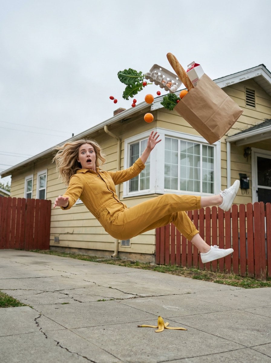 Imagem gerada por IA de Mulher em Rua Suburbana com Sacola de Compras em Queda Surreal