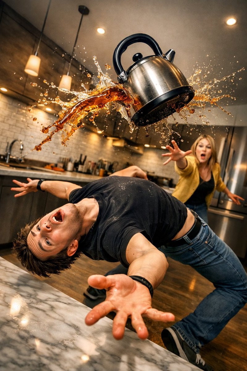 Eine surreale digitale Kunstszene, die einen jungen Mann in einer modernen Küche zeigt, der sich in einer übertriebenen Ausweichpose nach hinten biegt, unter einem fliegenden Teekessel, der mitten in der Luft Tee verspritzt, während eine Frau im Hintergrund mit ausgestrecktem Arm schockiert blickt, eingefangen in einem dramatischen Standbildmoment mit filmischer Beleuchtung und scharfen Detls