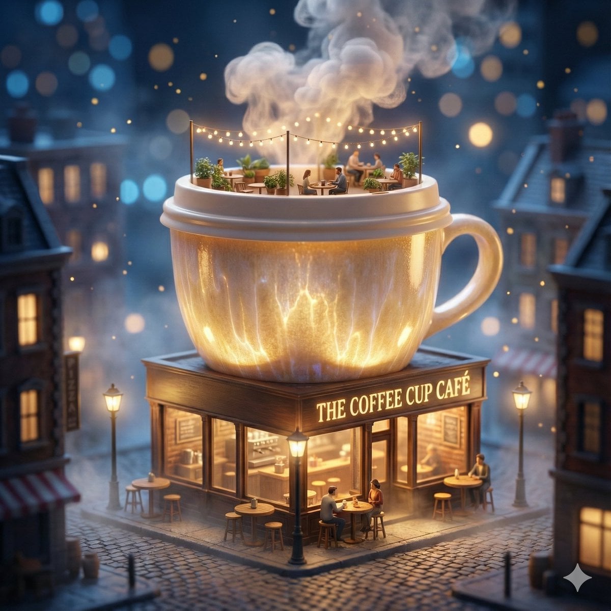 Fotografia surrealista amb efecte tilt-shift que mostra una tassa de cafè gegant transformada en un edifici de cafè miniatura de nit, amb finestres de botiga enceses, mobiliari petit, il·luminació interior càlida, llums de carrer i llums bokeh en el fons fosc