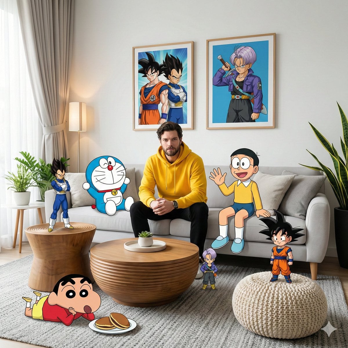 -generirana slika surrealističkog crossovera anime i miješanih medija u dnevnom boravku