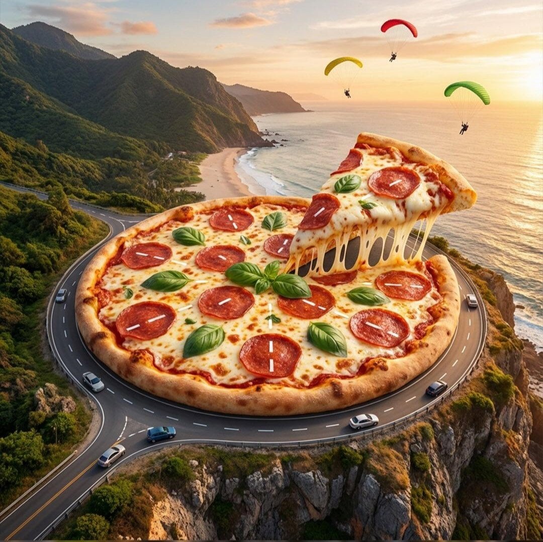 Surreal Pizza Landscape Cyberpunk Car