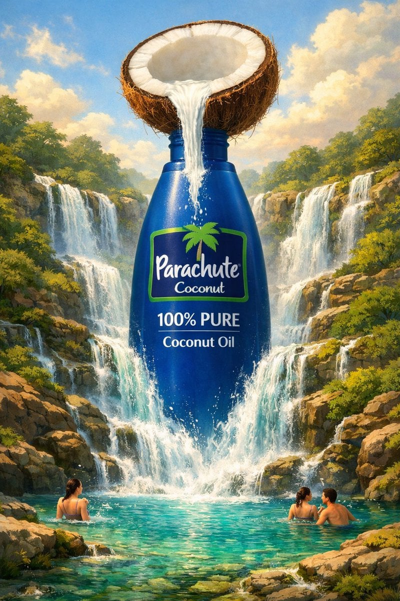 Ilustrație comercială suprarealistă arătând o sticlă de produs integrată într-un peisaj de ingredient natural, cu ingredientul curgând din vârful muntelui în sticlă și formând cascade dedesubt, figuri umane mici pentru scară, iluminare cinematografică și realism pictural