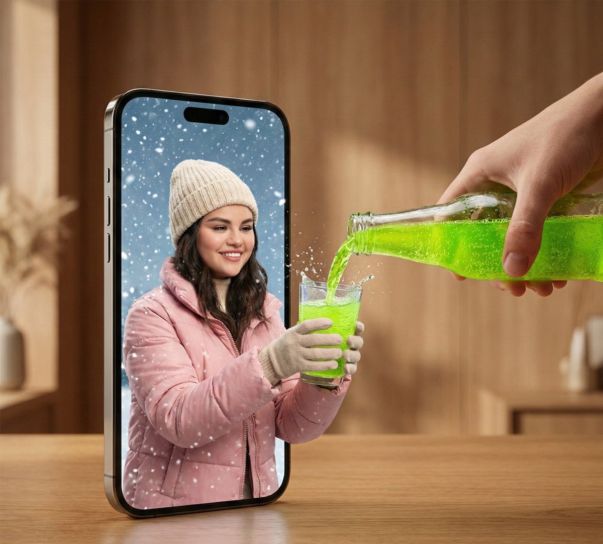 Fotografia surrealista hiperrealista que mostra un telèfon intel·ligent sobre una taula de fusta amb la seva pantalla com a portal, des del qual un jove vestit amb roba d'hivern agafa un got, mentre una mà real aboca una beguda carbonatada de color verd neó amb esquitxos que creuen el llindar entre els mons digital i físic