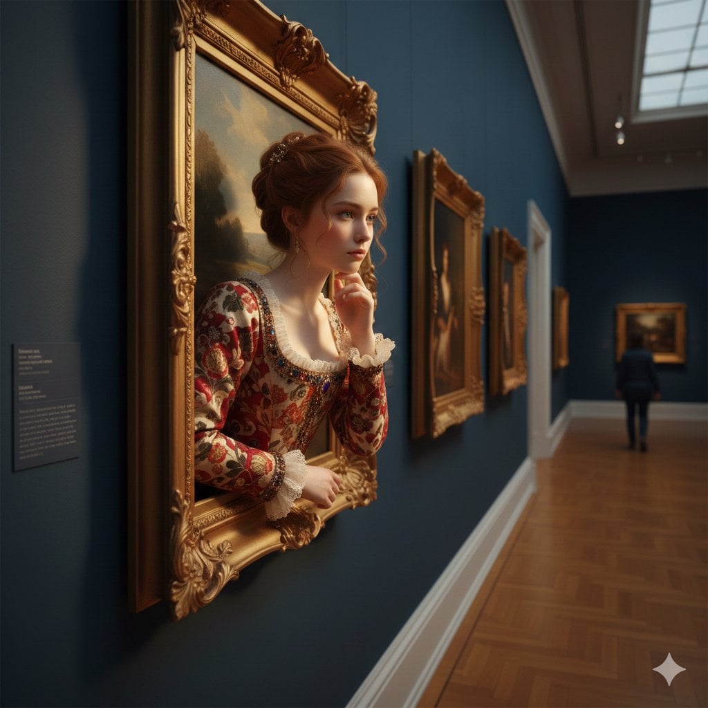 En ung kvinne i renessansedrakt som stiger ut av en utsmykket gullramme på en dypblå gallerivegg, hake hviler på hånd, ettertenksomt uttrykk, galleriinnstilling med parkettgulv og andre innrammede malerier synlig i bakgrunnen