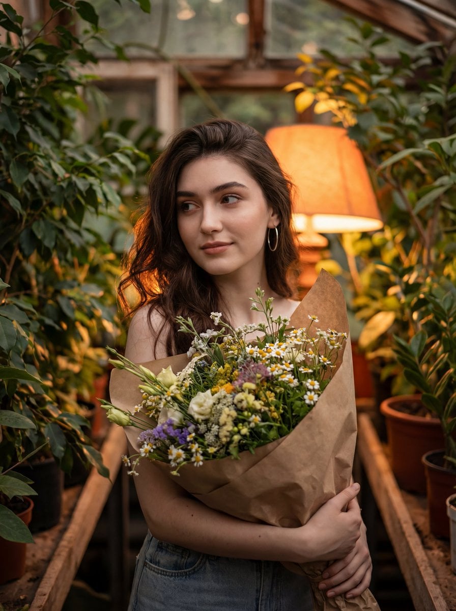 Søt jente i blomsterhage med varmt lys -generert bilde