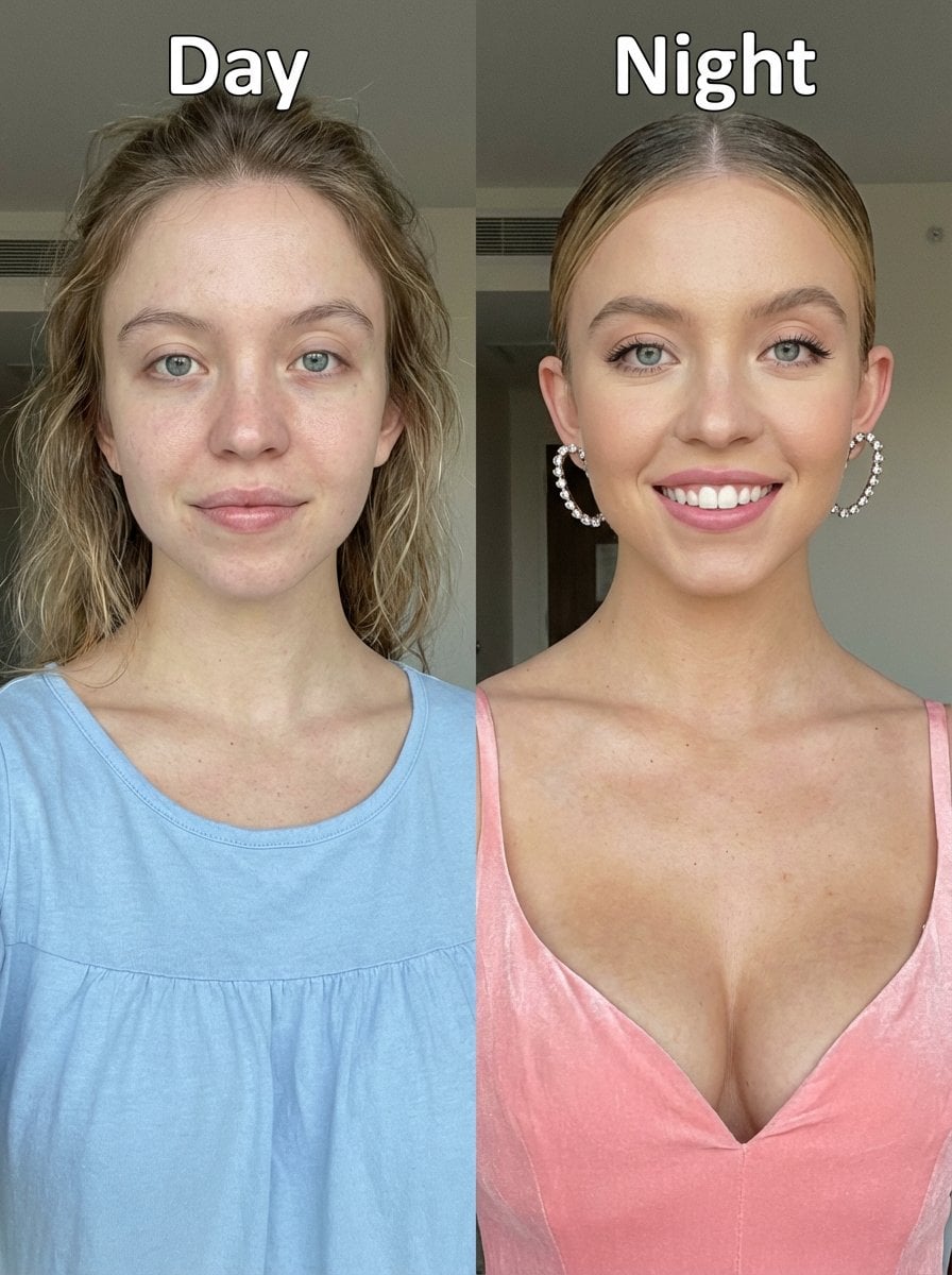 Et delt skærmportræt, der sammenligner Sydney Sweeneys naturlige dagtidsudseende til venstre med professionel makeup og elegant styling til højre, begge viser den samme smilende positur og indramning