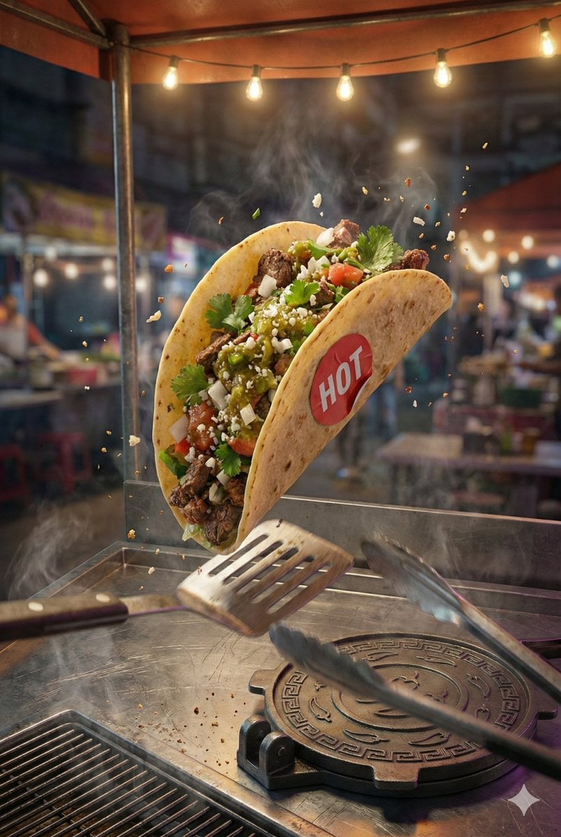 Taco Mid Flip Straßenposter KI-generiertes Bild