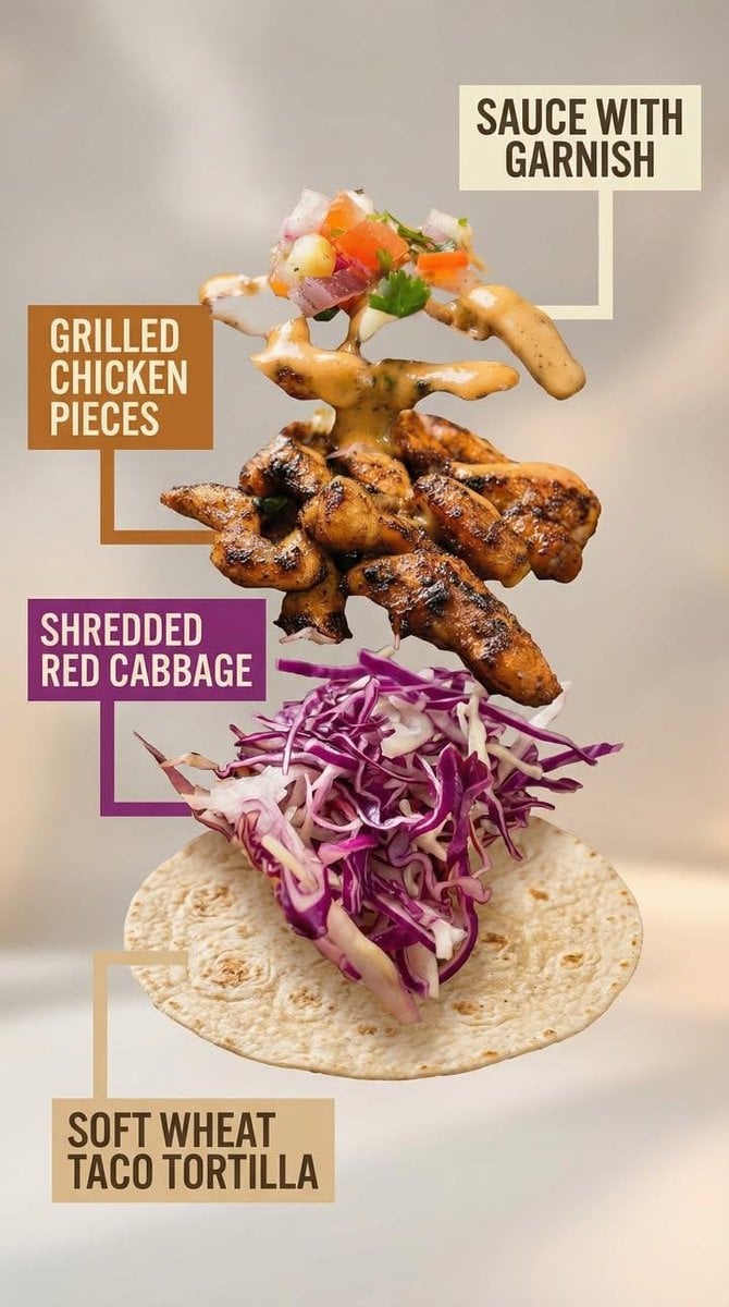 KI-generiertes Bild zu Tacos Werbefoto und Explodierte Rezeptansicht