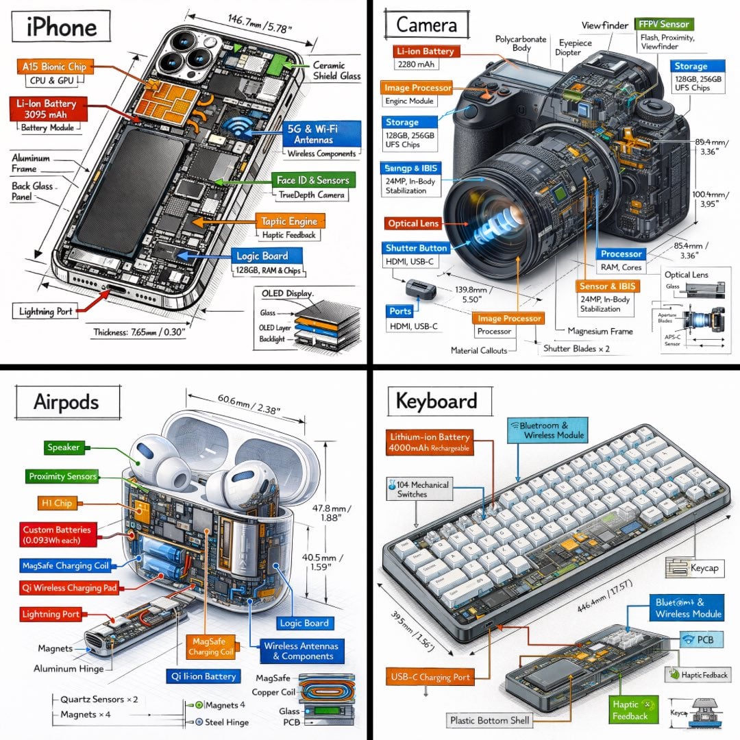 Infografia tècnica de producte i dispositiu amb perspectiva isomètrica, etiquetes de components, mesures, fletxes codificades per colors i seccions de retallat internes