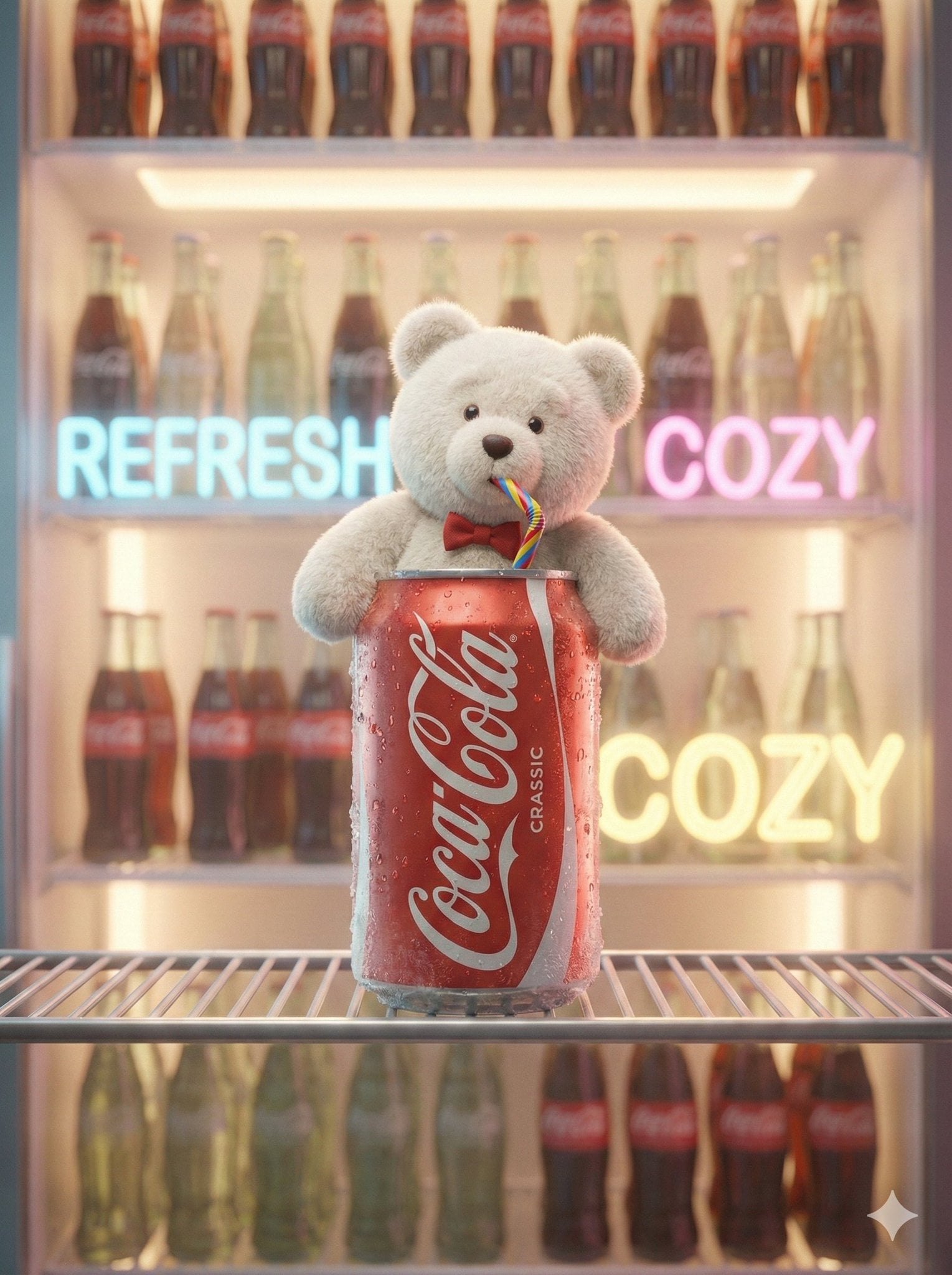 Imagine generată de cu scena de fantezie cu ursuleț de pluș și Coca-Cola