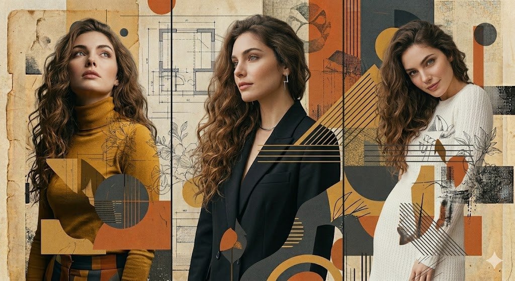 Dalgalı uzun kahverengi saçlı bir kadının, geometrik şekiller, vintage dokular ve editör stili ile süslenmiş soyut karmaşı ortam birleşim arka plan karşısında farklı pozlardaki üç panelli moda portresi