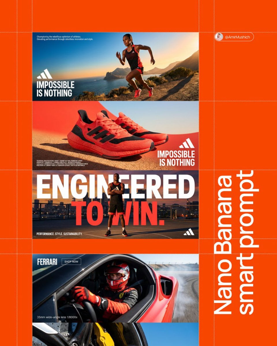 Et trepanel vertikalt merkevaremanifesto-oppsett med stablete horisontale seksjoner, dynamisk produktfotografering, dristig typografi og tekniske spesifikasjoner i høykontrast filmatisk stil