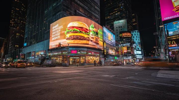 Imatge generada per IA del psatge urbà nocturn de Times Square amb cartell de hamburguesa