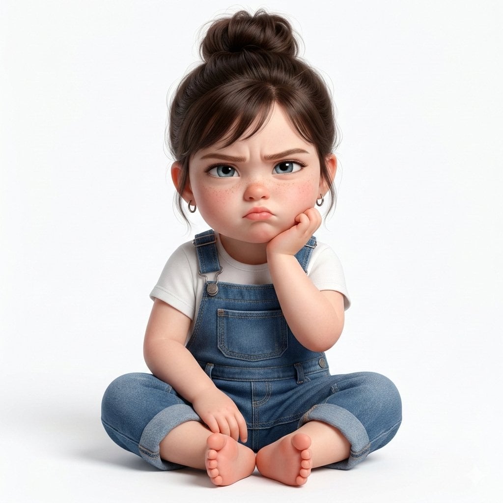 -genereret billede: 3D-render af småbarnspige i Pixar-stil med sur pude
