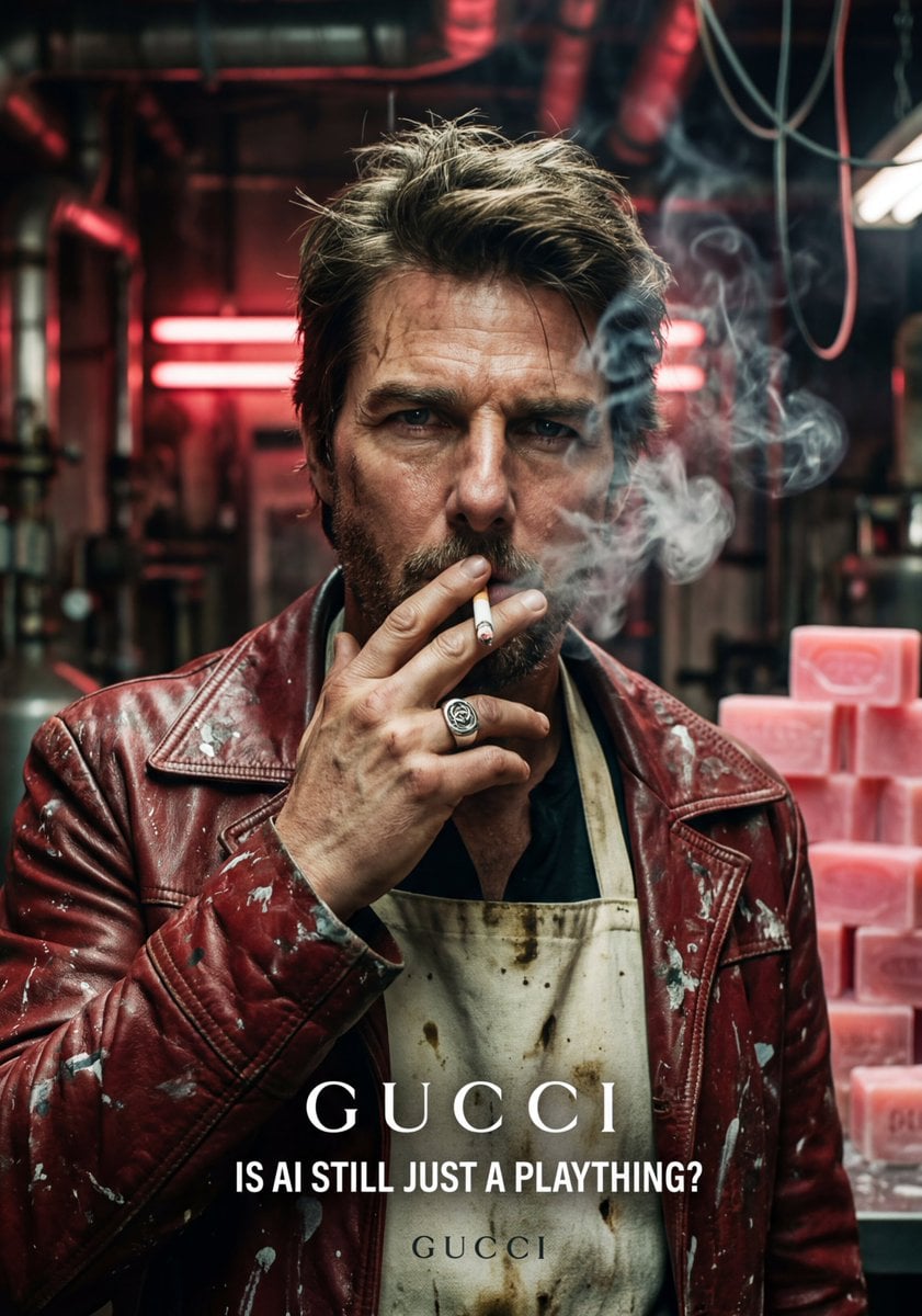 Tom Cruise Gucci Industrielles Porträt rauchend unter Neonlichtern, KI-generiertes Bild